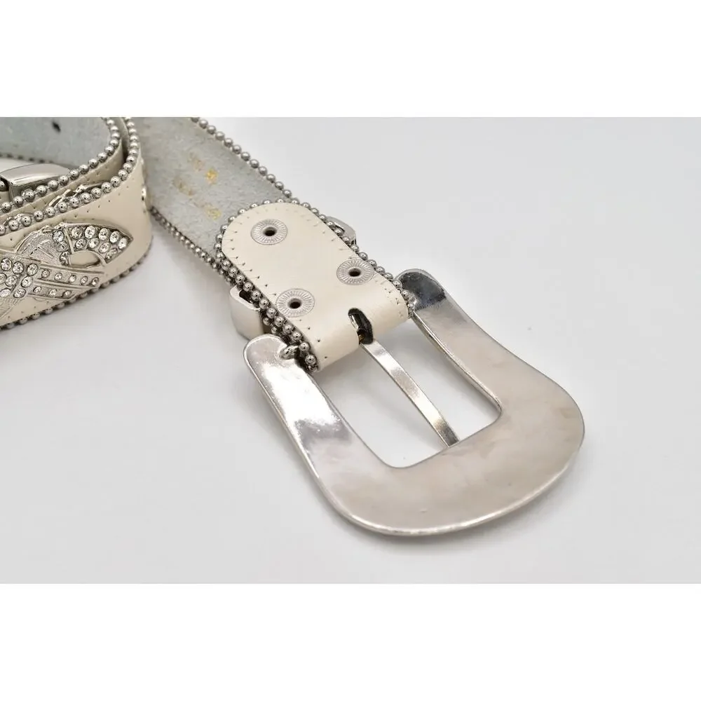 Cream Genuine Leather Rhinestone Western Belt M/L Silver Studded Crystal Y2K